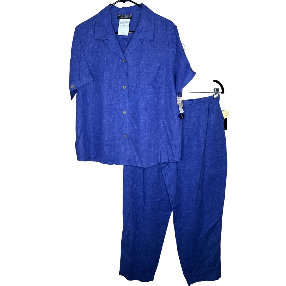 Benard Holtzman Harve Benard Blue 100% Linen 2 Piece Pant Suit Set 14 NWT VTG